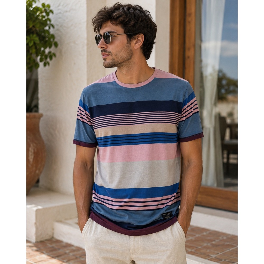 Rare Rabbit Gentleman Baker Mens XL Blue Multi Color Striped Cotton T-Shirt
